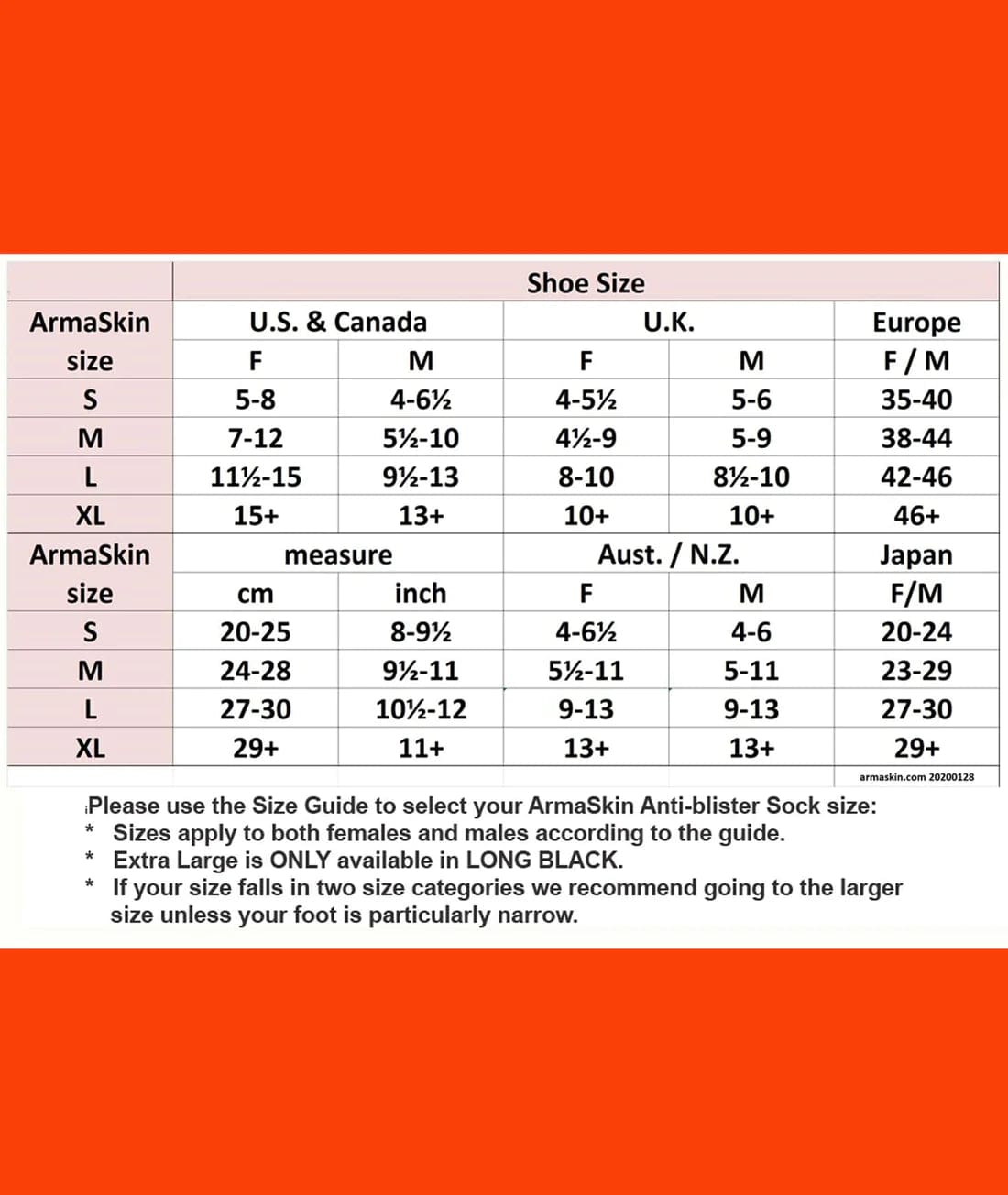 ArmaSkin Socks sizing chart